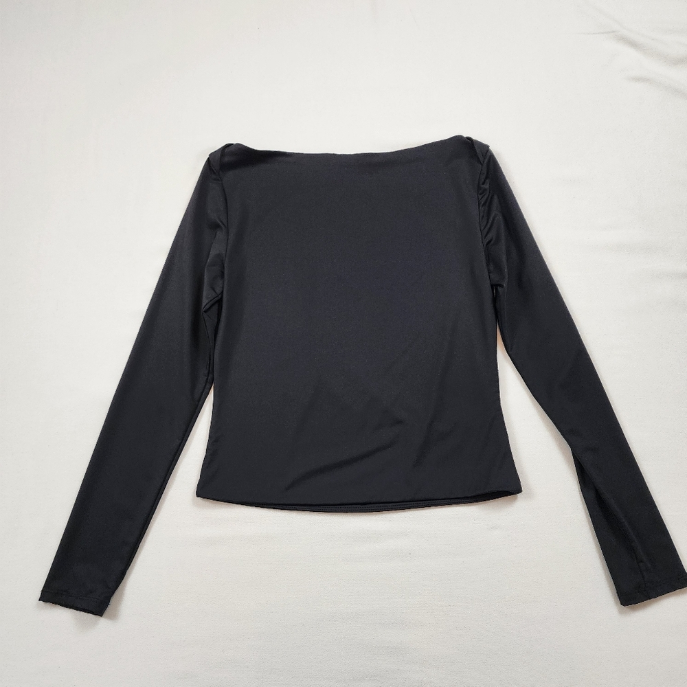 Black Long Sleeve Fitted Boat Neck Top Size Medium Minimalist Layering Bodycon